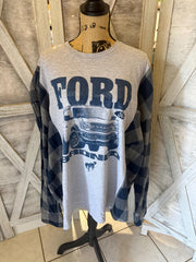 Ford Bronco Upcycle  T-Shirt with Coordinating Plaid Blue /Gray Flannel Long Sleeve
