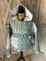 Upcycled  Green and White Floral Quilt Looking Blanket Sweatshirt Hoodie with Pocket, Waistband and Cuffs