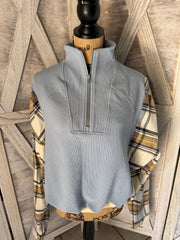 Upcycled Baby Blue 1/2 Zip Pullover with Upcycle Eddie Bauer Coordinating Flannel Shirt with Carhartt Patch Upcycle