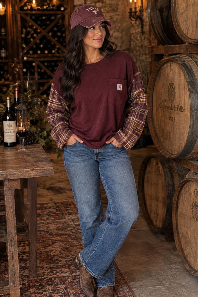 Wine Country with Two Carhartt Upcycles Carhartt Flannel with Pockets and Coordinating Carhartt Pocket Tee Upcycle 2XL 3XL  can make smaller
