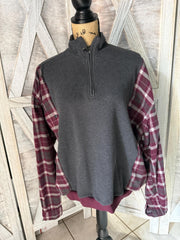 Upcycled 1/2 Zip Soft Pullover Sweater with Coordinating Flannel and Sweatshirt Waistband Optional Carhartt Patch Add On