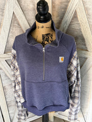 Carhartt Heather Navy 1/2 Zip Pullover Sweatshirt with Genuine Carhartt Label and Coordinating Flannel Long Sleeves with front Pocket