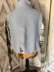 Upcycled Baby Blue 1/2 Zip Pullover with Upcycle Eddie Bauer Coordinating Flannel Shirt with Carhartt Patch Upcycle
