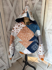 Marigolds Upcycled  Quilt Look Blanket Sweatshirt Hoodie with Matching Pocket and Hood Upcycle Waistband and Cuffs