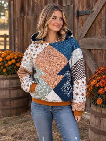 Marigolds Upcycled  Quilt Look Blanket Sweatshirt Hoodie with Matching Pocket and Hood Upcycle Waistband and Cuffs